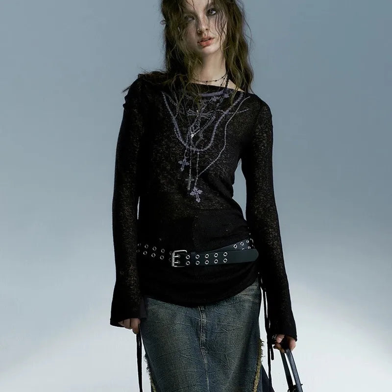 Karrcat grunge estética malha topos vintage tatuagem impressão camiseta wasteland punk preto com nervuras camiseta gótico alt streetwear