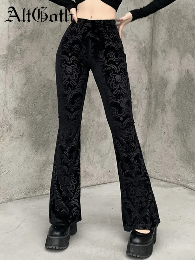 AltGoth-Calças vintage de veludo gótico escuro feminino, cintura alta, monocromática, preta, casual, flare, Harajuku, streetwear feminino, Y2K