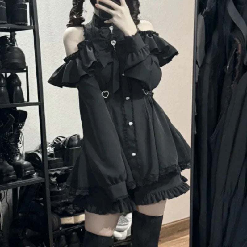 Y2k estética lolita estilo arco vestido shorts conjunto japonês feminino gótico renda alargamento manga botão camisa vestido punk festa mini vestido