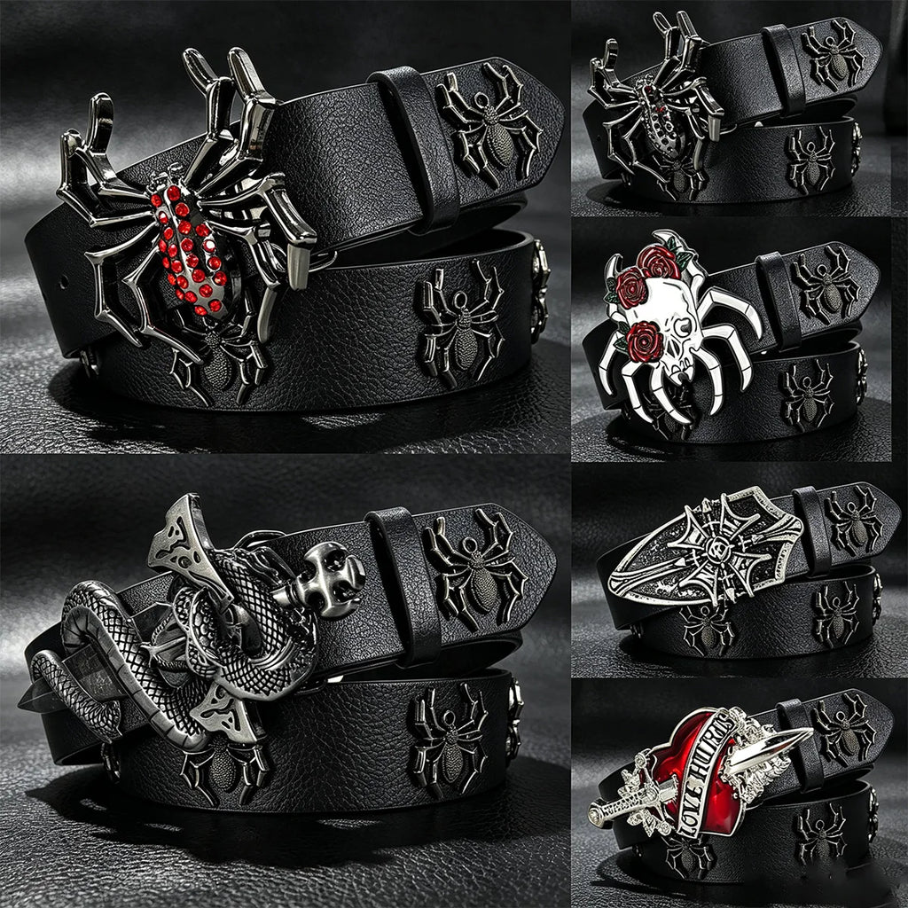 Cinto de Luxo com Strass e Design de Aranha para Homens, Acessório Gótico para Calças Jeans Femininas, Cinto Punk de 3,8cm de Largura para o Dia das Bruxas