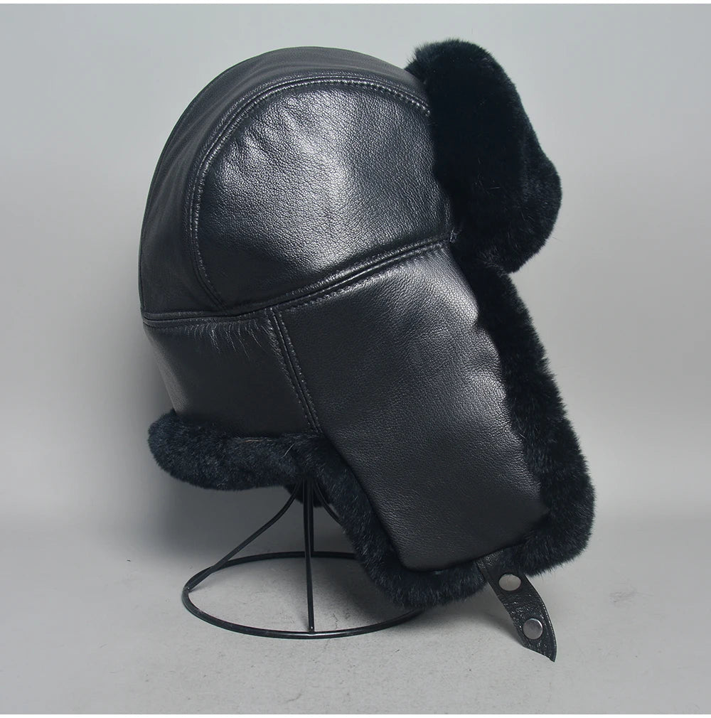 Novo unissex real rex pele de coelho bombardeiro chapéu ushanka boné trapper russo das mulheres dos homens chapéus de esqui bonés de couro de pele de carneiro real inverno quente