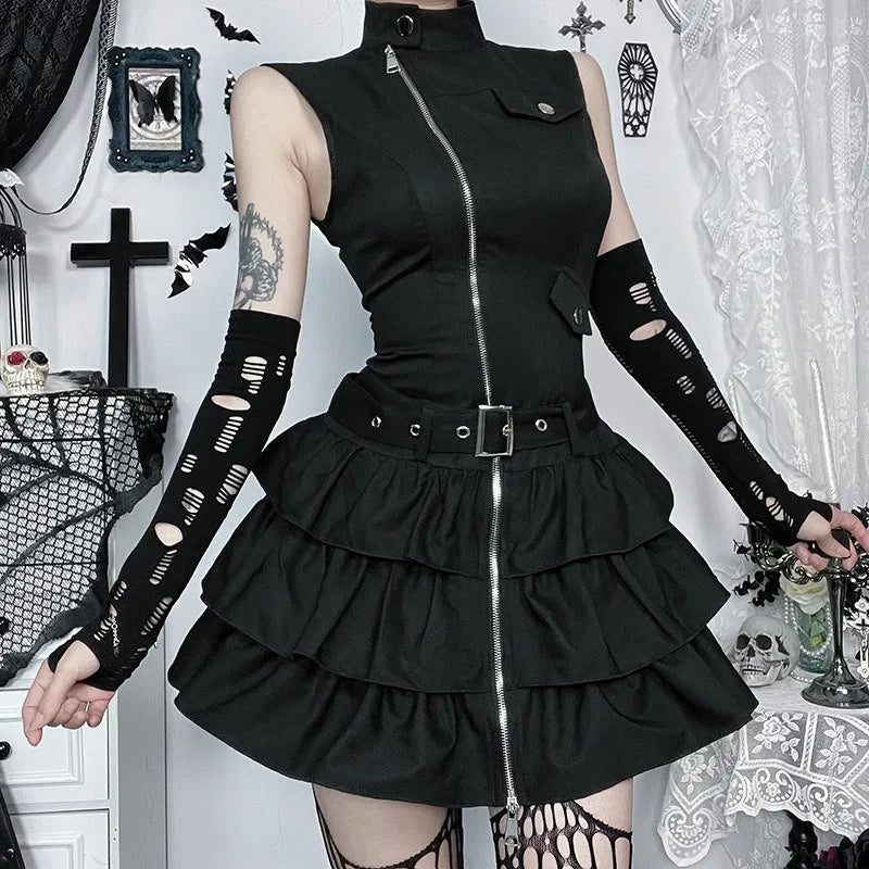 Kimutomo y2k sem mangas punk vestido feminino vintage harajuku suporte pescoço zíper mini vestidos de verão babados grunge festa gótica