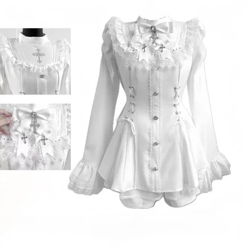 Y2k estética lolita estilo arco vestido shorts conjunto japonês feminino gótico renda alargamento manga botão camisa vestido punk festa mini vestido