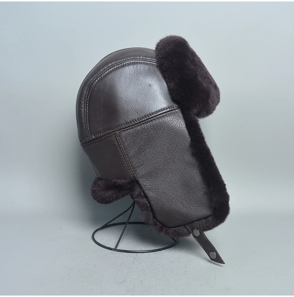 Novo unissex real rex pele de coelho bombardeiro chapéu ushanka boné trapper russo das mulheres dos homens chapéus de esqui bonés de couro de pele de carneiro real inverno quente