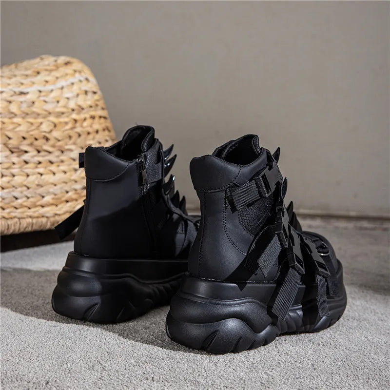2025 novas mulheres de couro genuíno punk muffin plataforma esportes retro rebite botas curtas de metal pesado