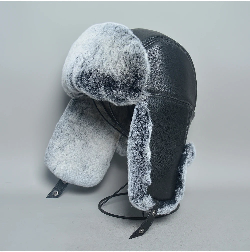 Novo unissex real rex pele de coelho bombardeiro chapéu ushanka boné trapper russo das mulheres dos homens chapéus de esqui bonés de couro de pele de carneiro real inverno quente