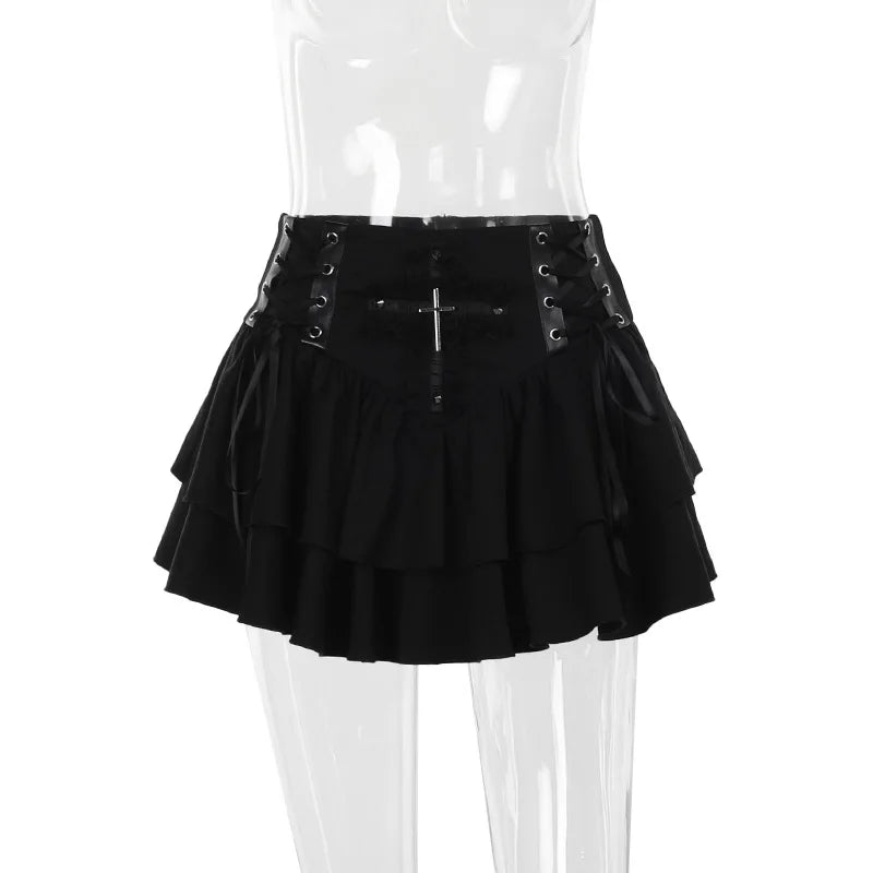 Gótico preto renda cruz mini saia y2k grunge punk cintura alta plissado a linha saias vintage feminino menina estética alt roupas