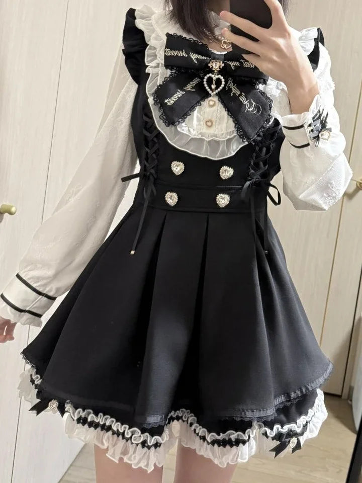 Y2k estética lolita estilo arco vestido shorts conjunto japonês feminino gótico renda alargamento manga botão camisa vestido punk festa mini vestido