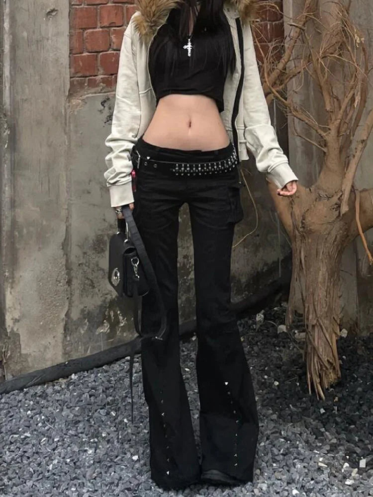 Mulheres escuro academia goblin núcleo calças compridas gyaru goth baixo aumento alargamento calças y2k streetwear estiramento japonês harajuku grunge