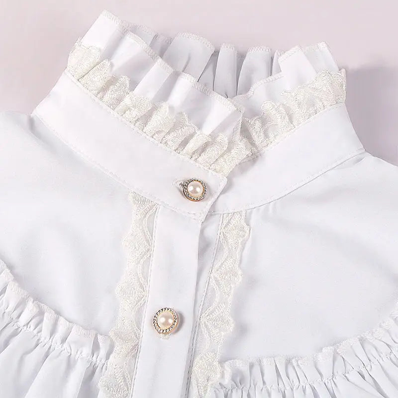 Nova Chegada Verão 2026: Blusa Feminina Vintage com Gola Franzida, Gola Alta, Detalhe em Renda e Botões – Elegante Estilo Gótico