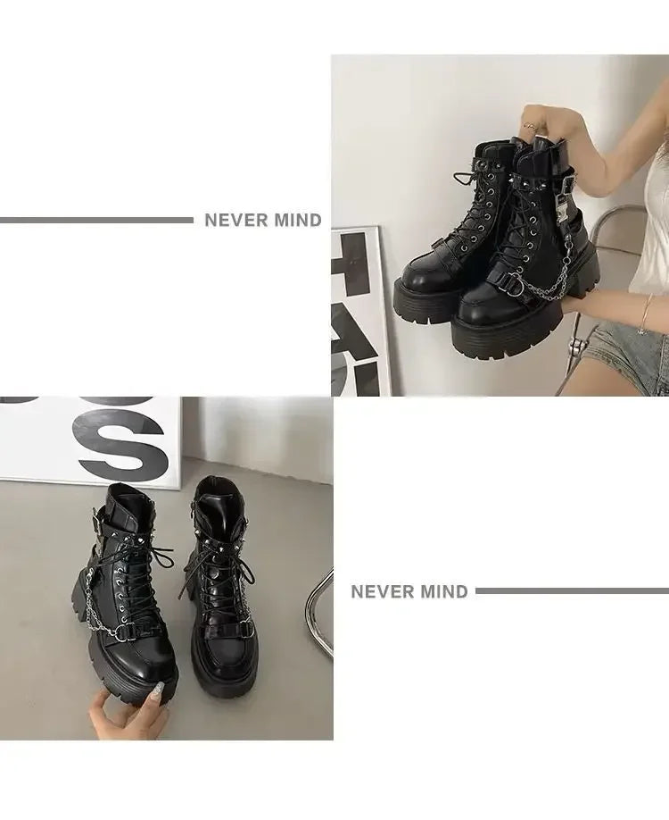 Novas Botas Femininas 2025: Botas Curtas Góticas com Rebites e Correntes, Design Moderno, Estilo Rock e Punk com Detalhes Metálicos