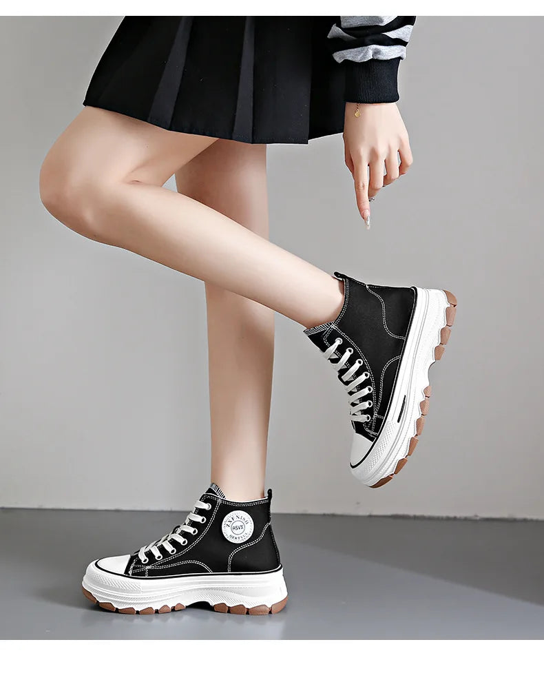 2024 novas mulheres tênis de alta qualidade rendas-up casual plarform altura lona antiderrapante resistente ao desgaste primavera feminino vulcanizar sapatos