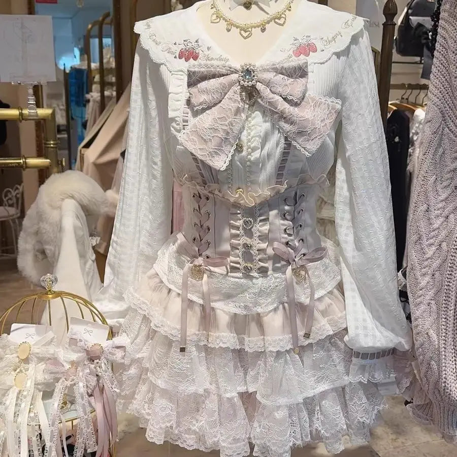 Minissaia Feminina Estilo Lolita Doce Japonês, Retro Elegante, com Renda e Faixas, Saias de Festa em Camadas, Gótica Y2k com Fivelas Metálicas