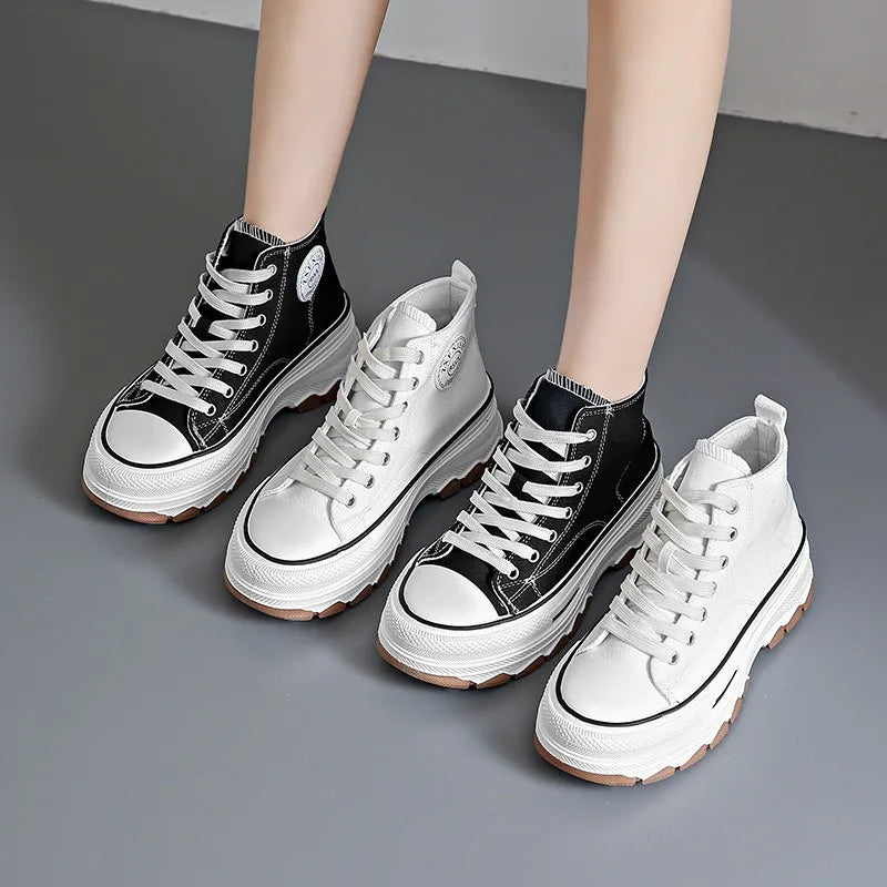 2024 novas mulheres tênis de alta qualidade rendas-up casual plarform altura lona antiderrapante resistente ao desgaste primavera feminino vulcanizar sapatos