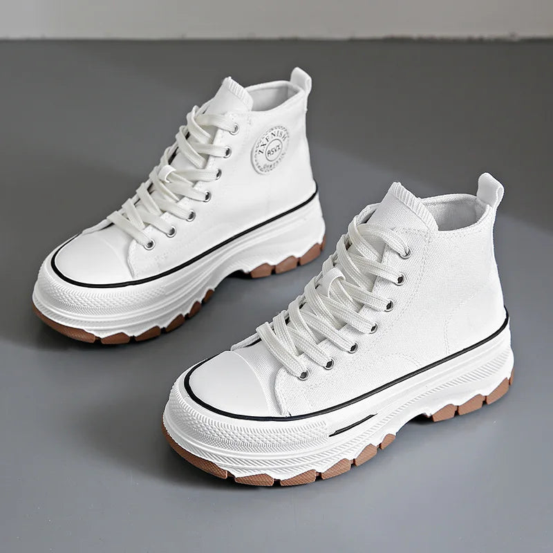 2024 novas mulheres tênis de alta qualidade rendas-up casual plarform altura lona antiderrapante resistente ao desgaste primavera feminino vulcanizar sapatos