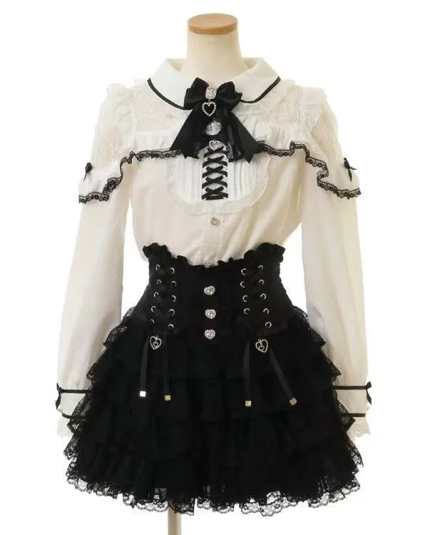 Minissaia Feminina Estilo Lolita Doce Japonês, Retro Elegante, com Renda e Faixas, Saias de Festa em Camadas, Gótica Y2k com Fivelas Metálicas