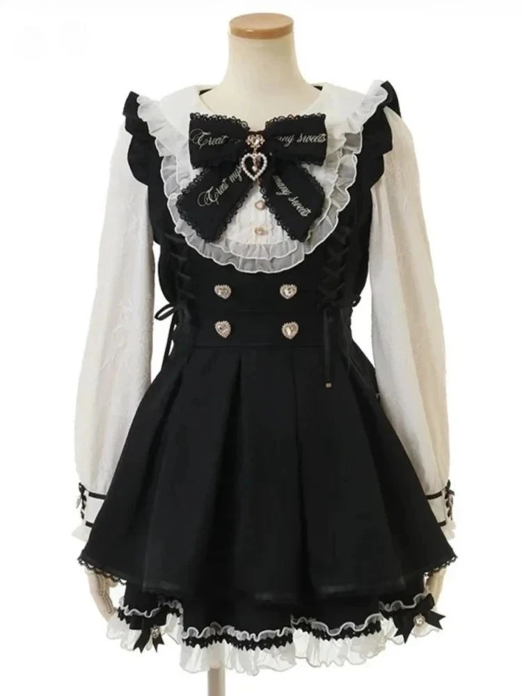 Y2k estética lolita estilo arco vestido shorts conjunto japonês feminino gótico renda alargamento manga botão camisa vestido punk festa mini vestido