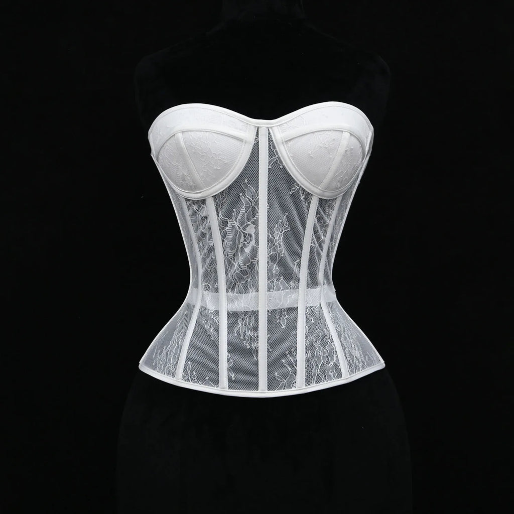 Aço osso korset mulher oco para fora sutiã de renda sem alças bustier superior malha lingerie feminina preto branco biege espartilho