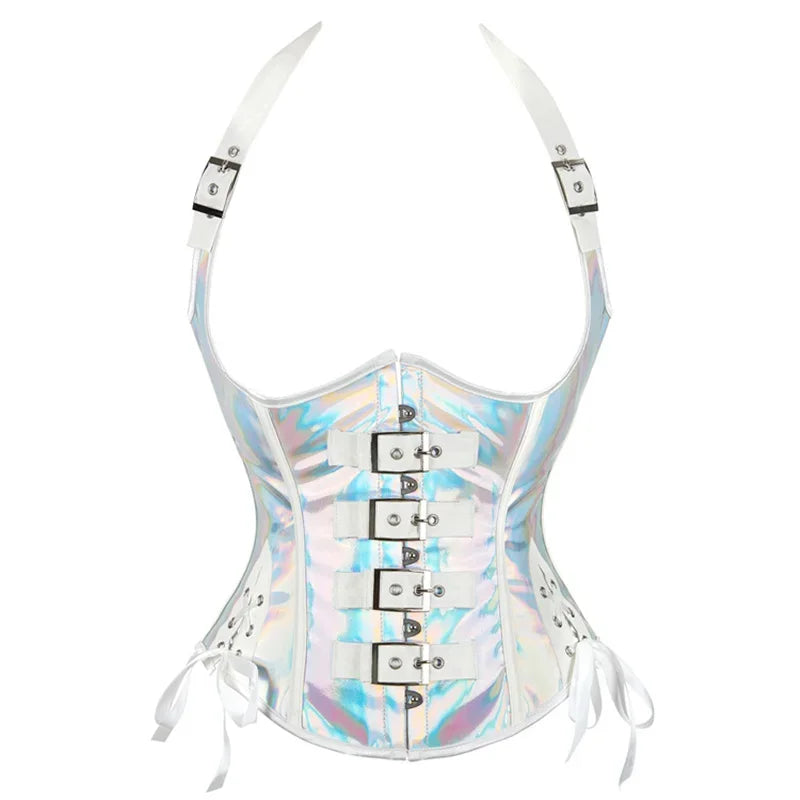 Mulheres preto underbust espartilho topos sexy halter plutônio falso couro cintura trainer corpo shaper corselet colete preto prata