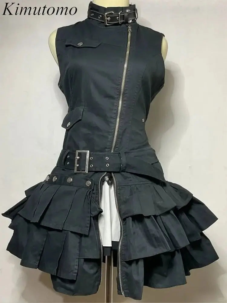 Kimutomo y2k sem mangas punk vestido feminino vintage harajuku suporte pescoço zíper mini vestidos de verão babados grunge festa gótica