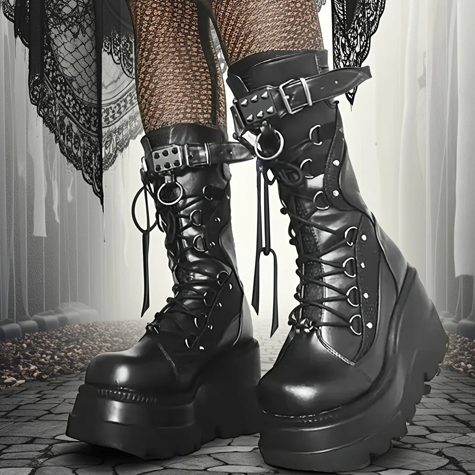 Nova marca senhoras botas de plataforma goth moda rebite fivela punk cunhas salto alto botas femininas festa rua cosplay mulher sapatos