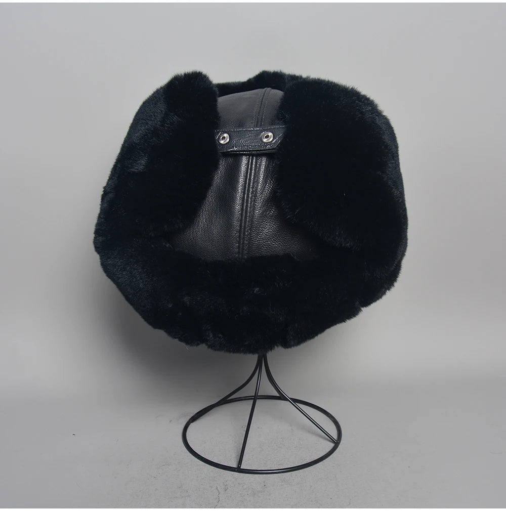 Novo unissex real rex pele de coelho bombardeiro chapéu ushanka boné trapper russo das mulheres dos homens chapéus de esqui bonés de couro de pele de carneiro real inverno quente