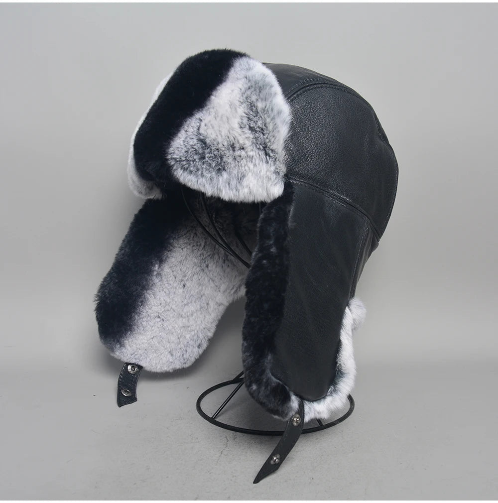 Novo unissex real rex pele de coelho bombardeiro chapéu ushanka boné trapper russo das mulheres dos homens chapéus de esqui bonés de couro de pele de carneiro real inverno quente