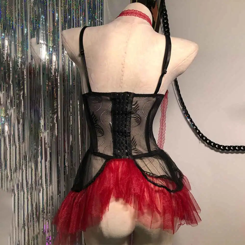 Vestido Gótico Y2K Vermelho para Mulheres, Vestido de Renda Emo ALT Grunge E-Girls Lolita, Vestido de Baile, Rave, Festival, Cyber Punk, Roupa Gótica de Estrela de Rock