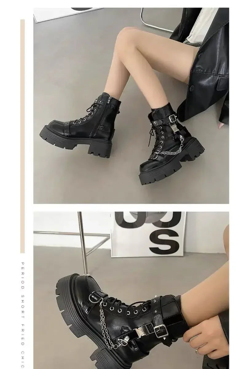 Novas Botas Femininas 2025: Botas Curtas Góticas com Rebites e Correntes, Design Moderno, Estilo Rock e Punk com Detalhes Metálicos