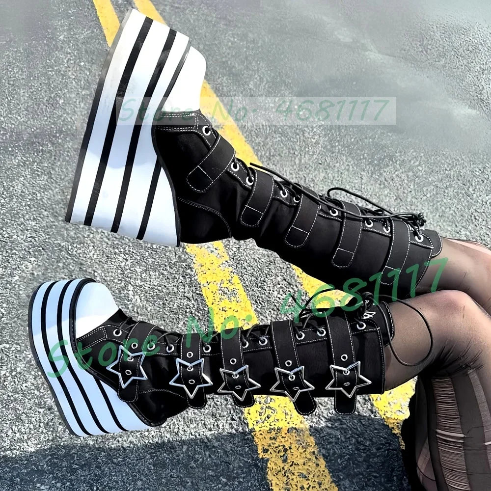 Preto listrado plataforma sapatos de lona longa menina doce metal estrela fivela de cinto botas de renda moda dedo do pé redondo legal lolita sapatos