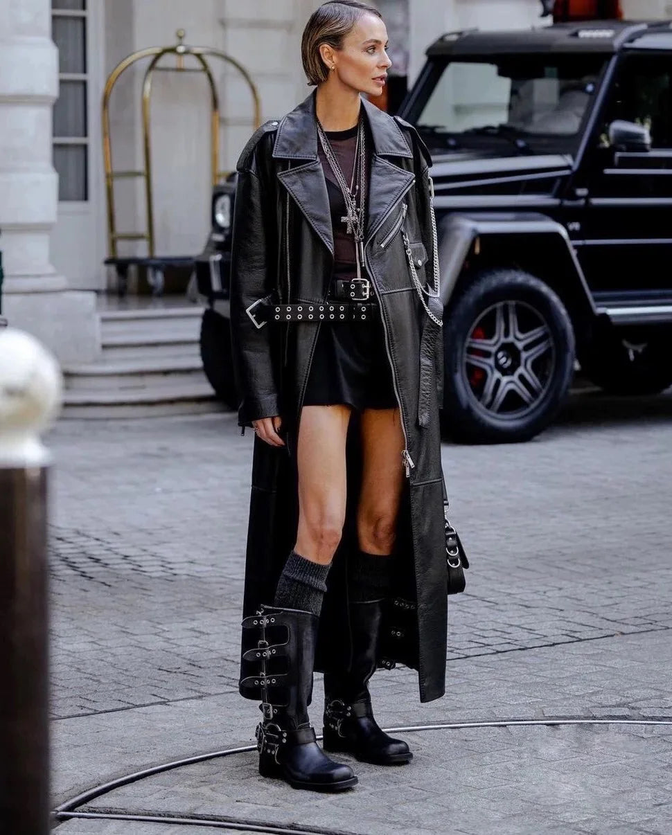 Botas Altas de Couro Genuíno para Mulheres com Fivela de Metal, Bico Quadrado, Estilo Punk, Salto Grosso, Botas de Motociclista
