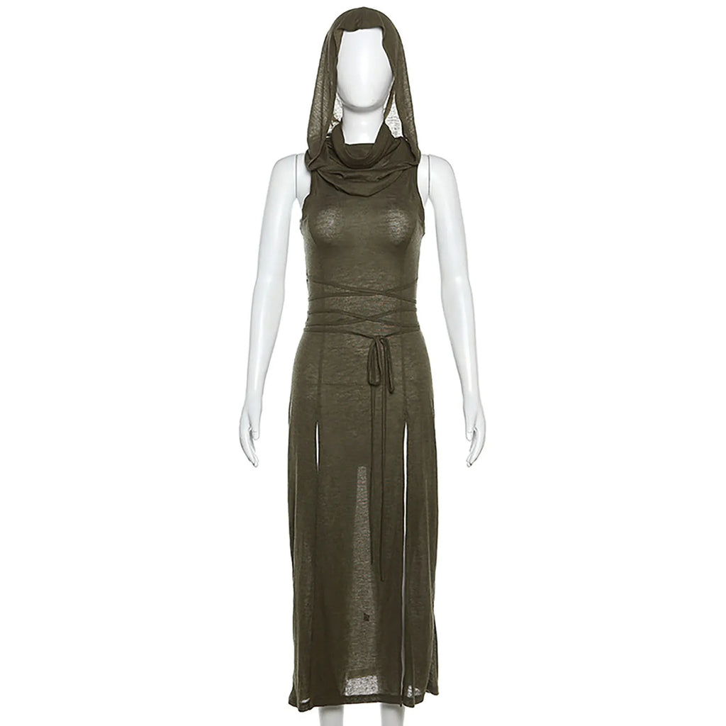 Gótico deserto walker vestidos com capuz feminino goth cyber y2k punk grunge oco para fora midi vestido sexy split side sólido streetwear