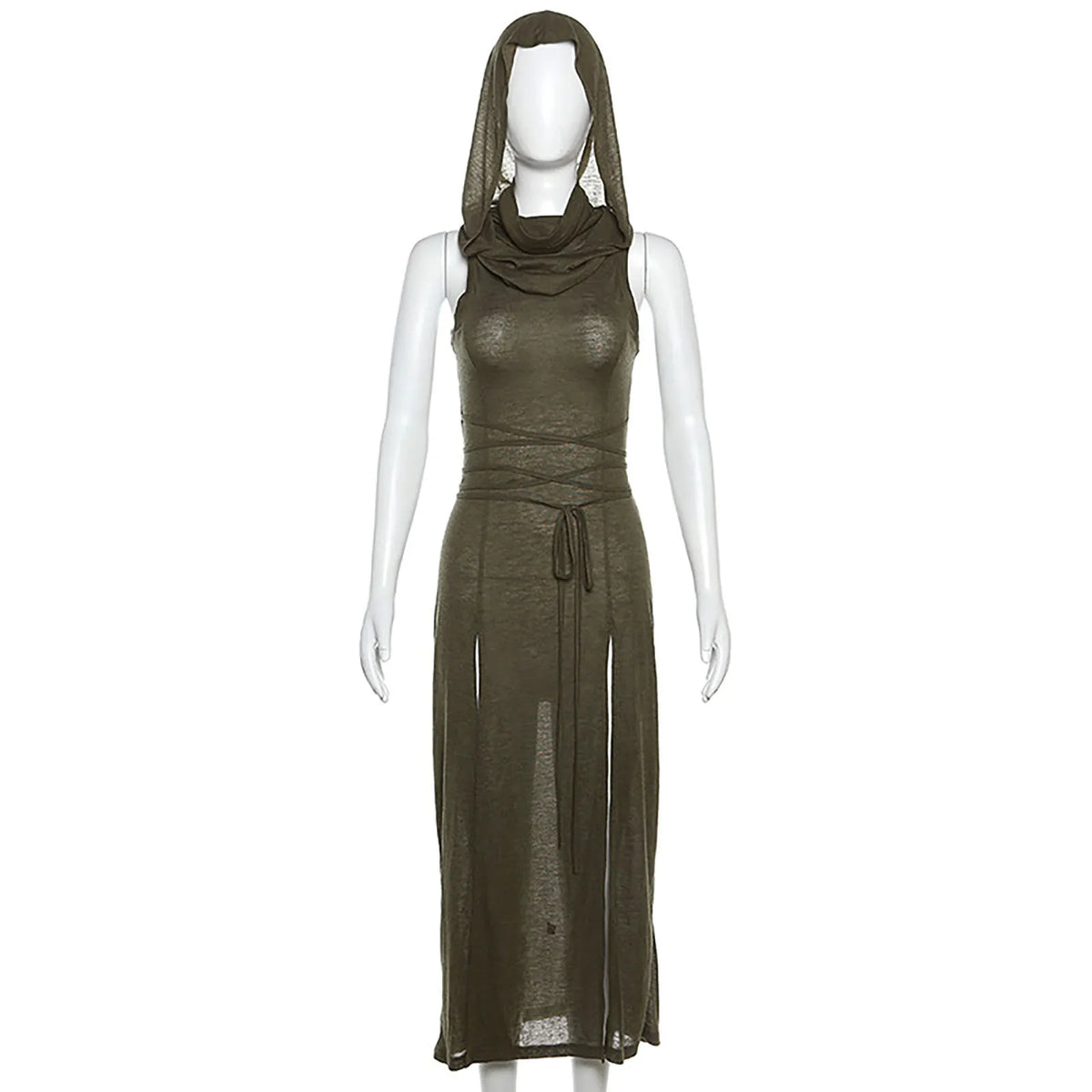 Gótico deserto walker vestidos com capuz feminino goth cyber y2k punk grunge oco para fora midi vestido sexy split side sólido streetwear