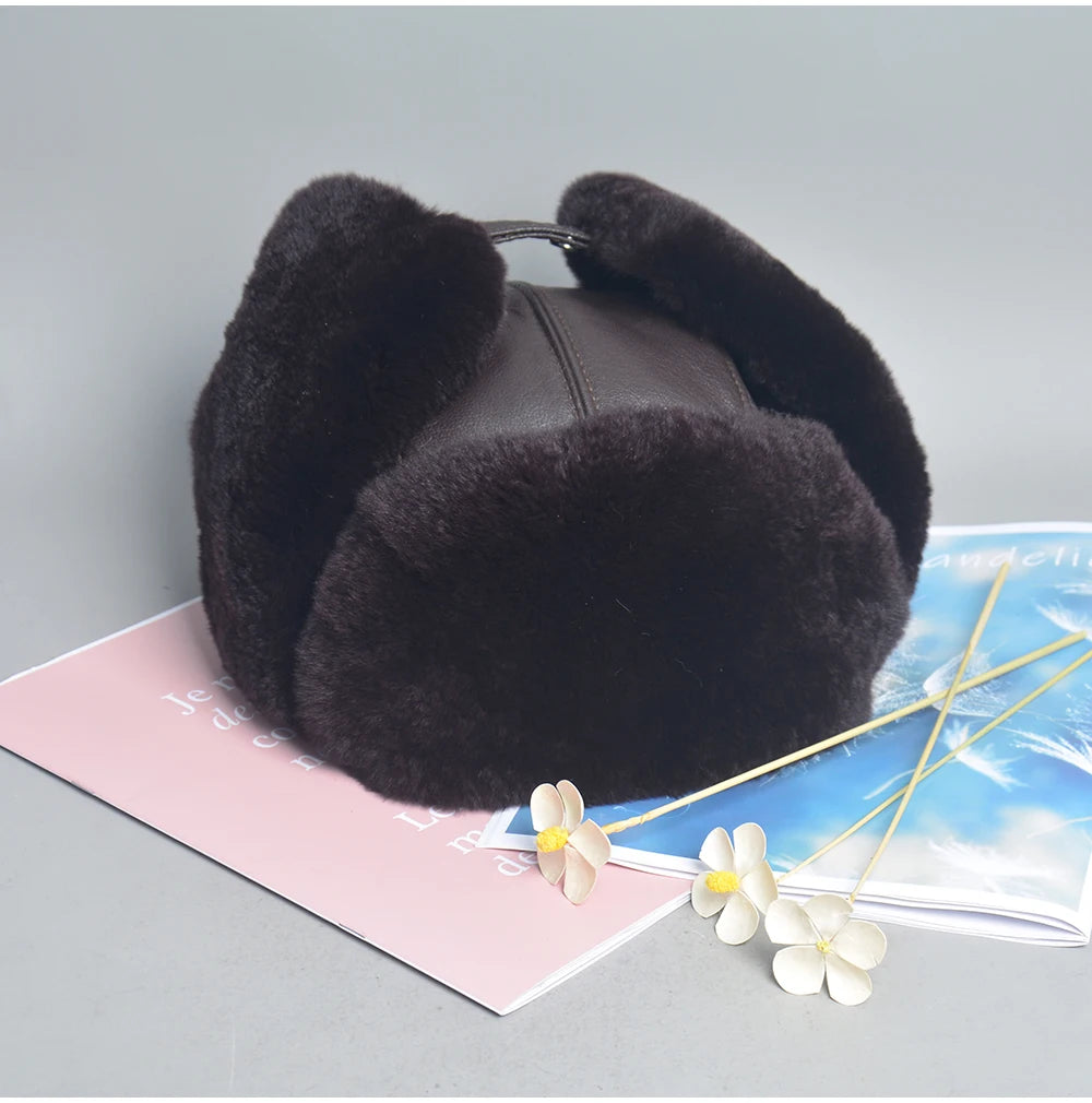 Novo unissex real rex pele de coelho bombardeiro chapéu ushanka boné trapper russo das mulheres dos homens chapéus de esqui bonés de couro de pele de carneiro real inverno quente