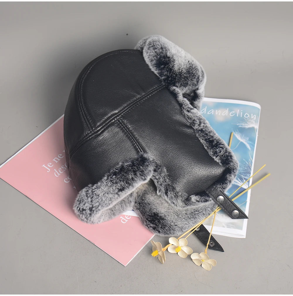 Novo unissex real rex pele de coelho bombardeiro chapéu ushanka boné trapper russo das mulheres dos homens chapéus de esqui bonés de couro de pele de carneiro real inverno quente