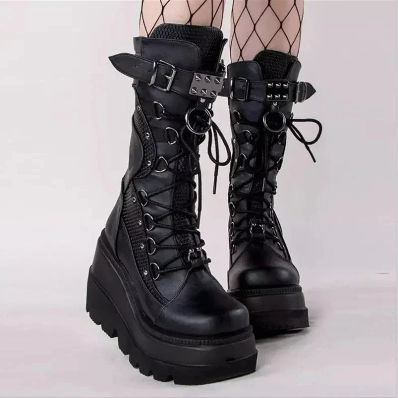 Mulheres botas altas cosplay meados de bezerro botas de plataforma alta cunhas botas 2025 outono inverno novo designer sapatos góticos para mulher botas
