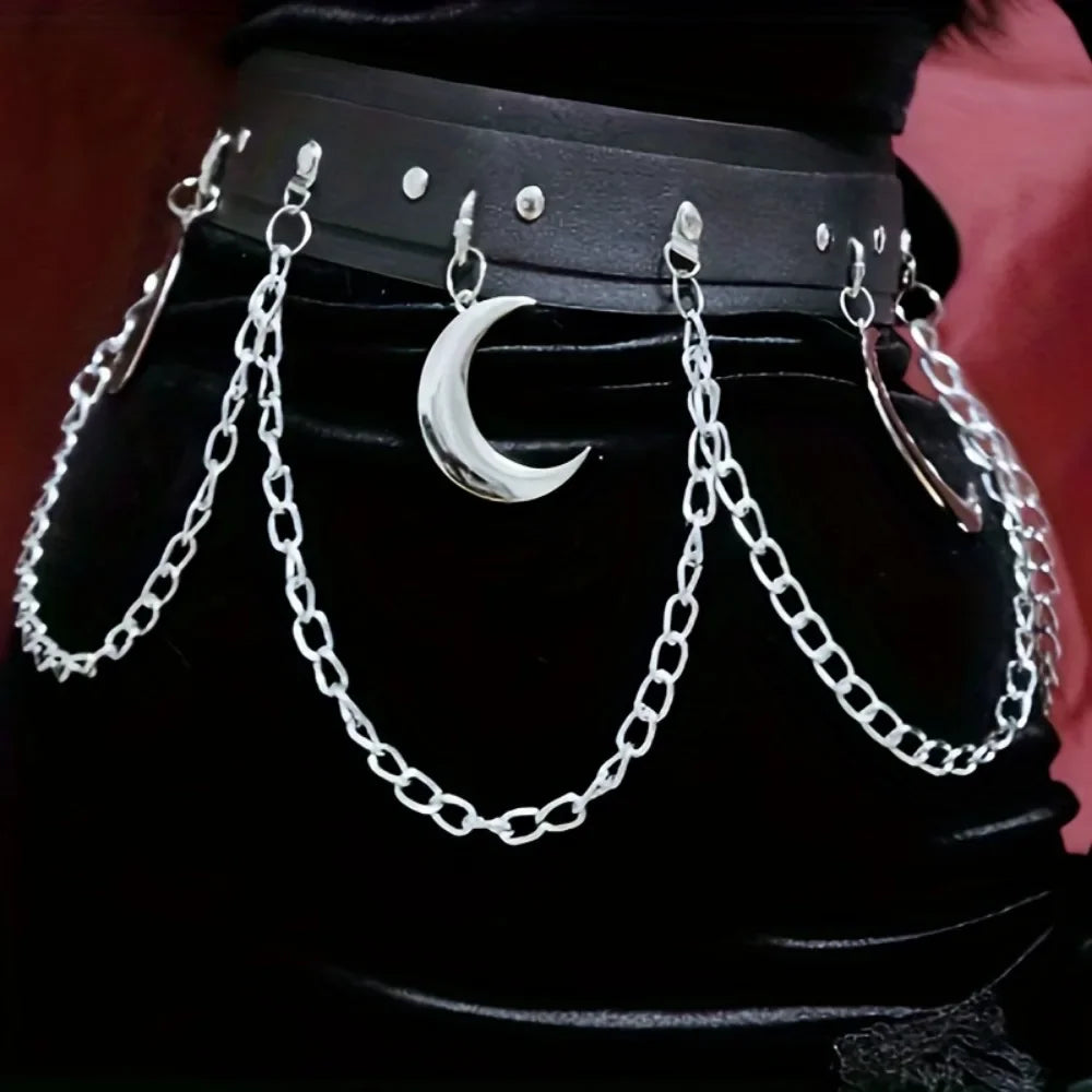 Lua pingente corrente franja goth cinto punk preto couro do plutônio cintos vintage cintura para mulheres meninas