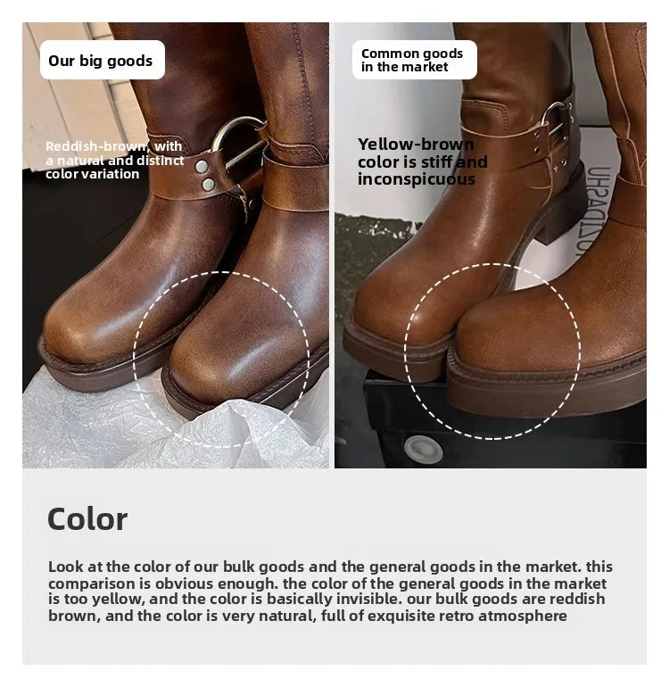 Botas Altas de Couro Genuíno para Mulheres com Fivela de Metal, Bico Quadrado, Estilo Punk, Salto Grosso, Botas de Motociclista