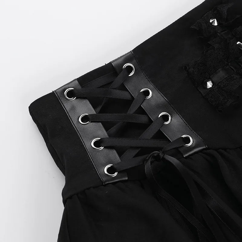Gótico preto renda cruz mini saia y2k grunge punk cintura alta plissado a linha saias vintage feminino menina estética alt roupas