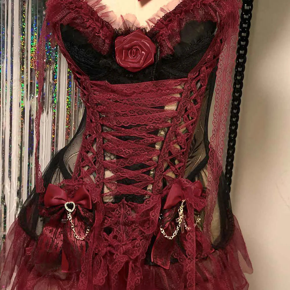Vestido Gótico Y2K Vermelho para Mulheres, Vestido de Renda Emo ALT Grunge E-Girls Lolita, Vestido de Baile, Rave, Festival, Cyber Punk, Roupa Gótica de Estrela de Rock
