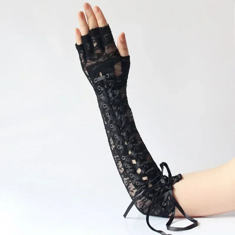 Luvas de Renda Gótica Fishnet até o Cotovelo