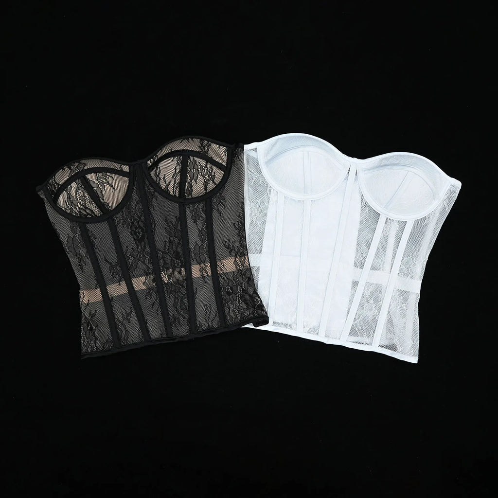 Aço osso korset mulher oco para fora sutiã de renda sem alças bustier superior malha lingerie feminina preto branco biege espartilho