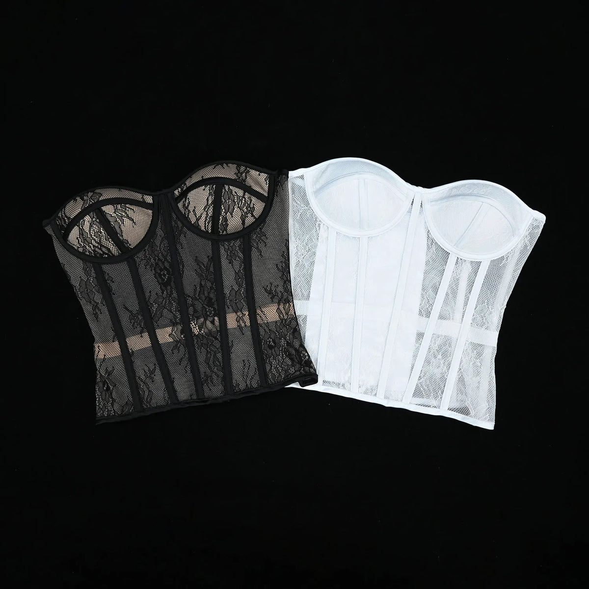 Aço osso korset mulher oco para fora sutiã de renda sem alças bustier superior malha lingerie feminina preto branco biege espartilho