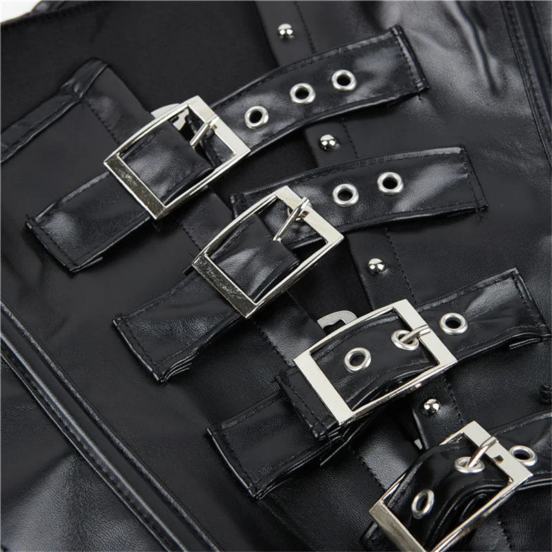 Mulheres preto underbust espartilho topos sexy halter plutônio falso couro cintura trainer corpo shaper corselet colete preto prata