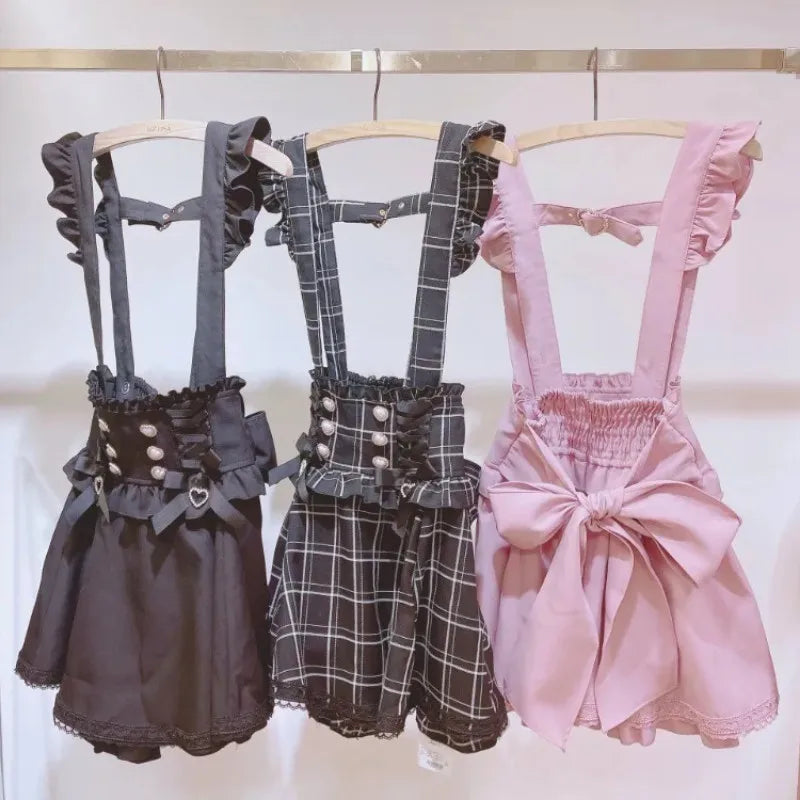 Saia Curta de Suspensório com Laço Estilo Gótico Japonês Lolita, Saia Xadrez Doce e Fofa para Meninas, Saia Mini em A com Renda, verão2026, preta sólida, kawaii