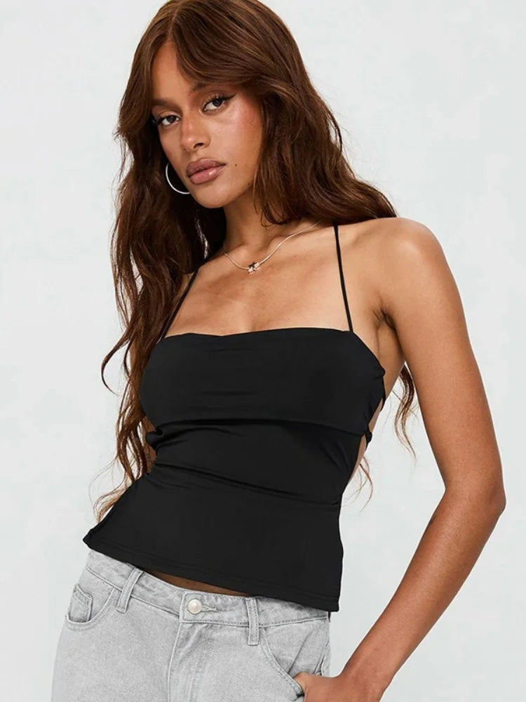 Laço de volta espartilho topo pescoço-montado colheita topo feminino roupas ousado y2k acessórios sem costas sexy clube outfit camison verano ropa mujer