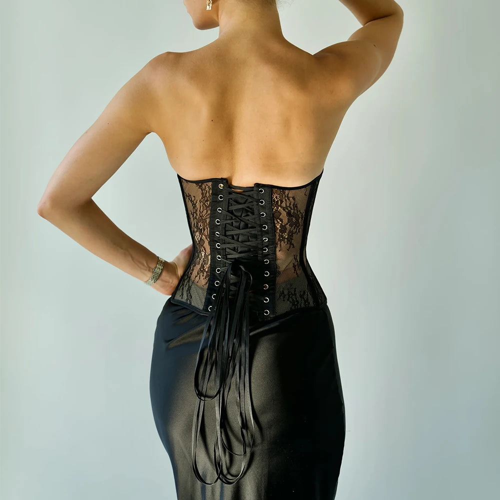 Aço osso korset mulher oco para fora sutiã de renda sem alças bustier superior malha lingerie feminina preto branco biege espartilho