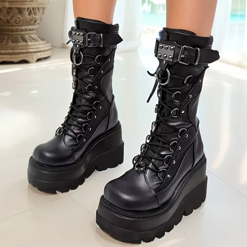 Nova marca senhoras botas de plataforma goth moda rebite fivela punk cunhas salto alto botas femininas festa rua cosplay mulher sapatos