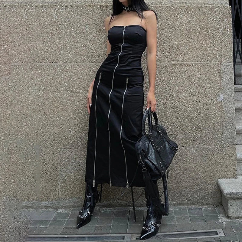 Goth escuro techwear moda zip up midi vestidos cyber y2k shopping gótico split feminino tubo vestido partywear punk fora do ombro outfits