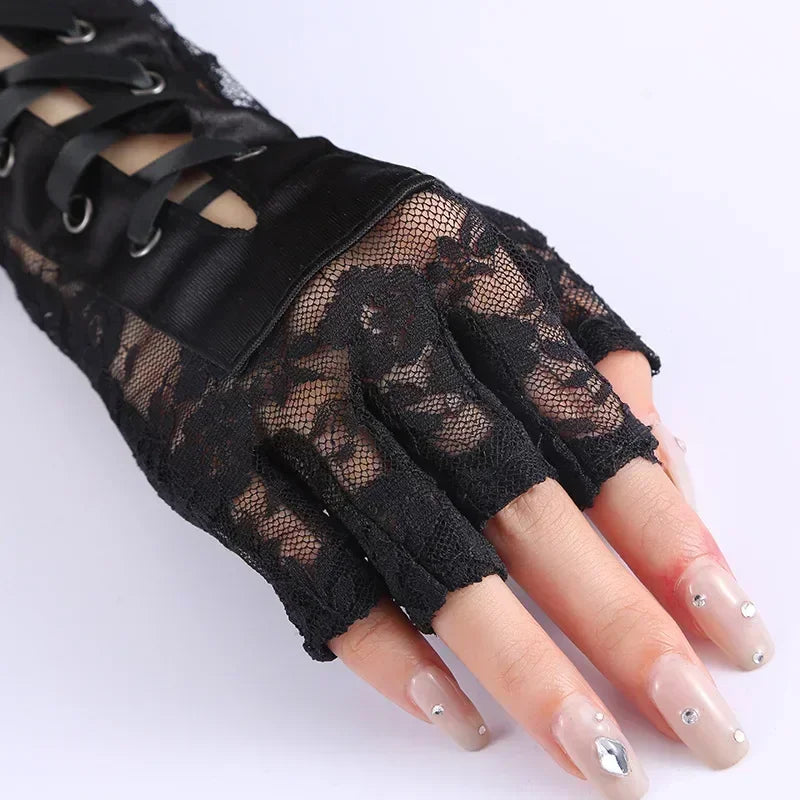 Luvas de Renda Gótica Fishnet até o Cotovelo